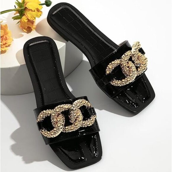 Black Crocodile Embossed Chain Decor Slide Sandals - Picture 1 of 5